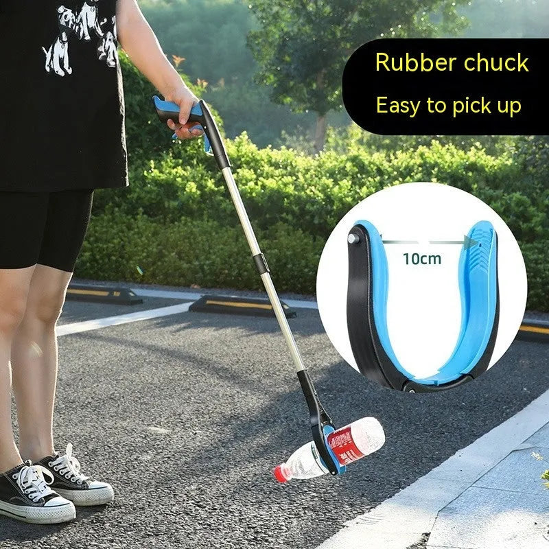 Blue plastic and aluminium alloy folding trash clip for securing a rubbish bag.