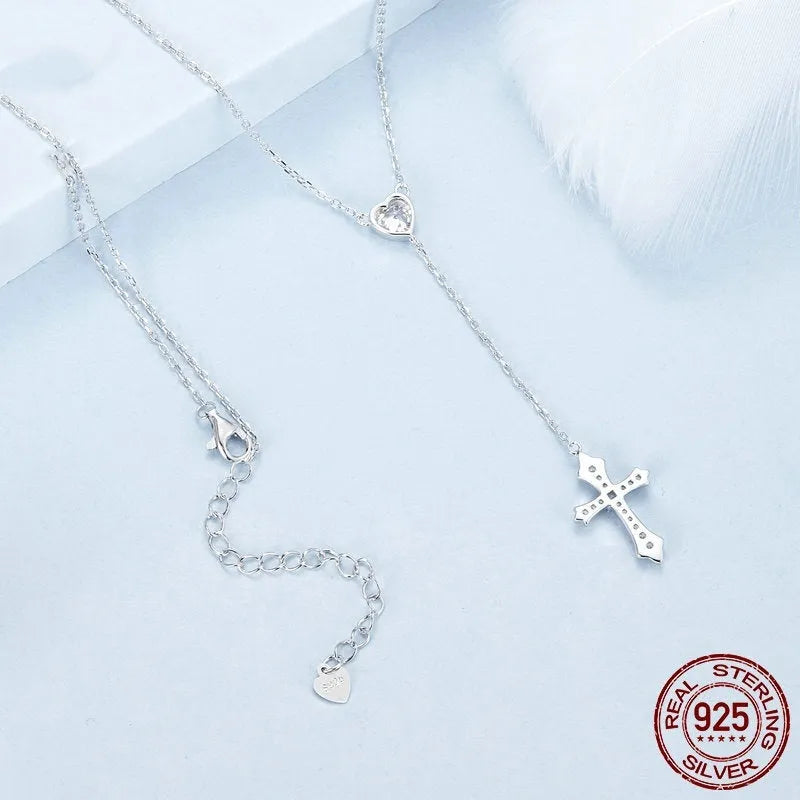 Silver V-neck cross pendant necklace on O-ring chain, colour BSN384