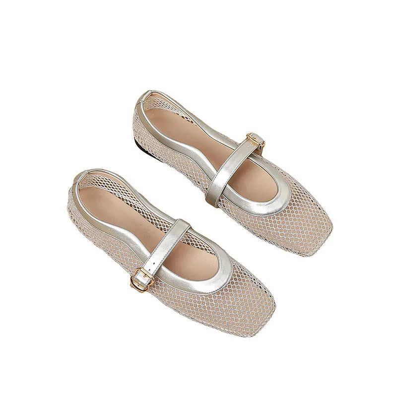 Women's breathable mesh low heel pumps with square toe and buckle fastening in various colours