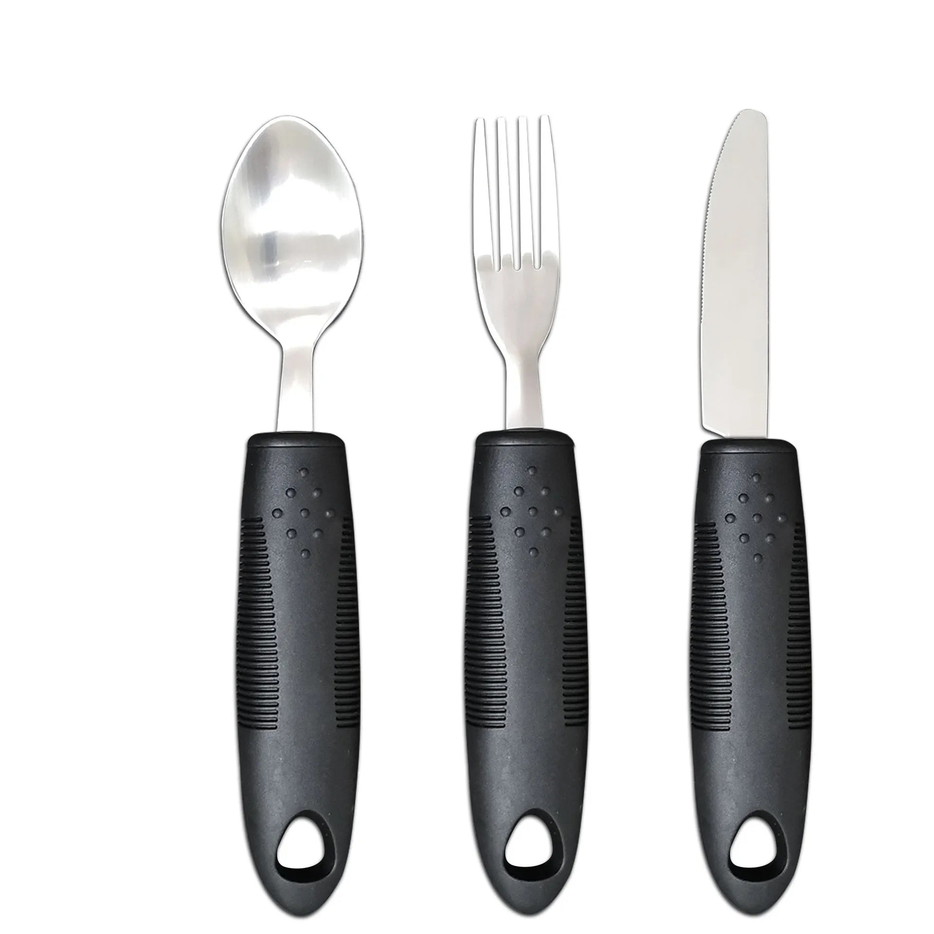 Stainless steel anti-shake cutlery set with rubber handles for adult mealtime assistance