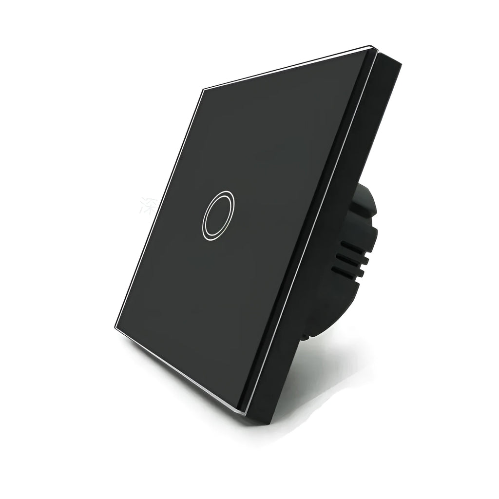 Single control touch light switch with tempered glass panel in black, gold, or white finish