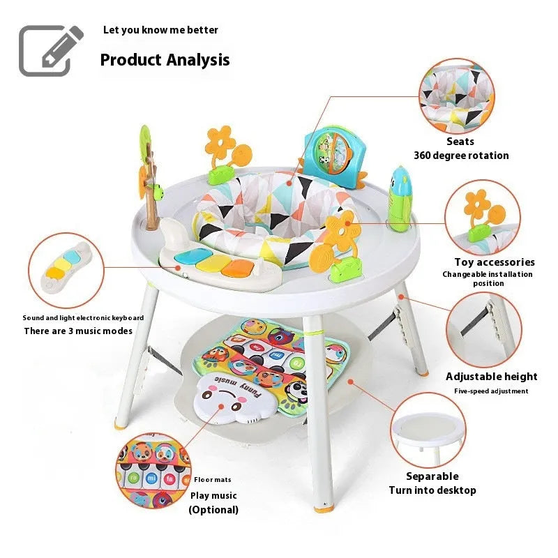 Baby jumping chair with bouncing function, gymnastic rack, and interactive toys for infant development