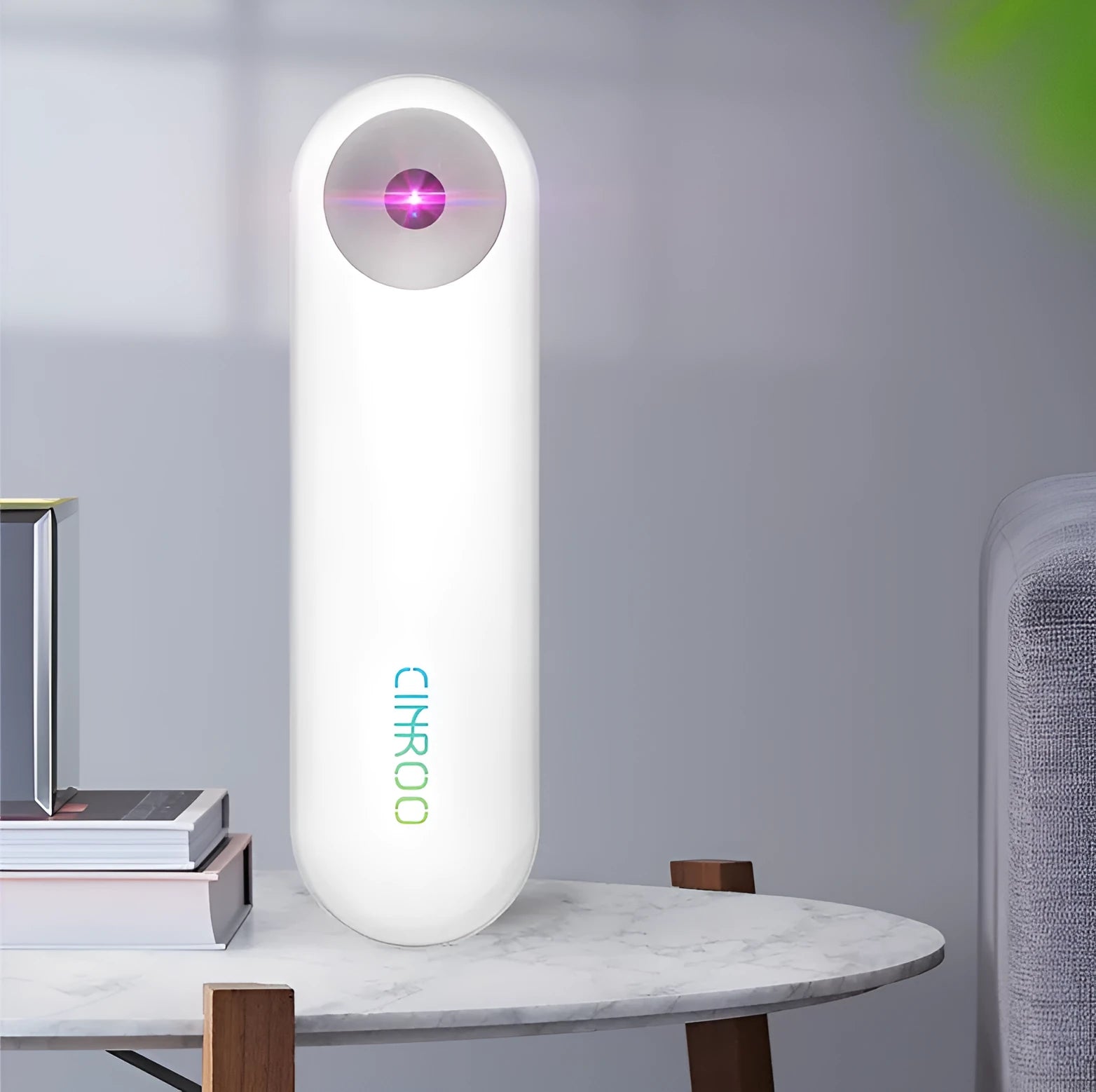 White portable ultraviolet steriliser showing compact 116mm design with display showing battery indicator
