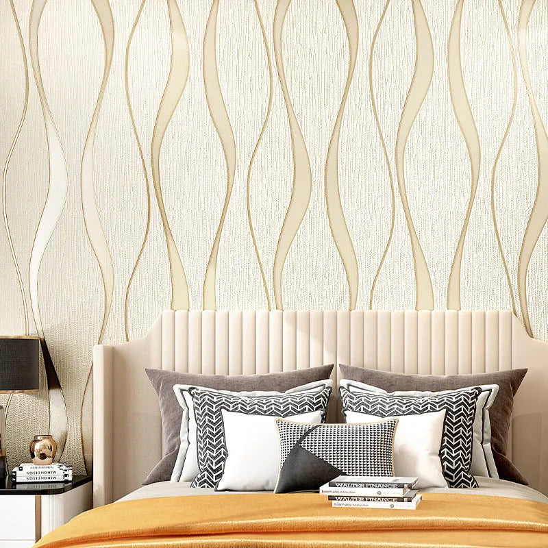 Curve stripe 3D wallpaper roll with deerskin velvet texture in dark brown and light grey colours