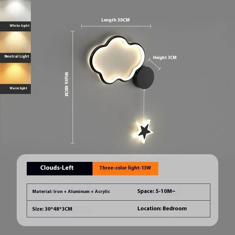 Children's cloud and star themed LED bedside wall lamp in black or white.