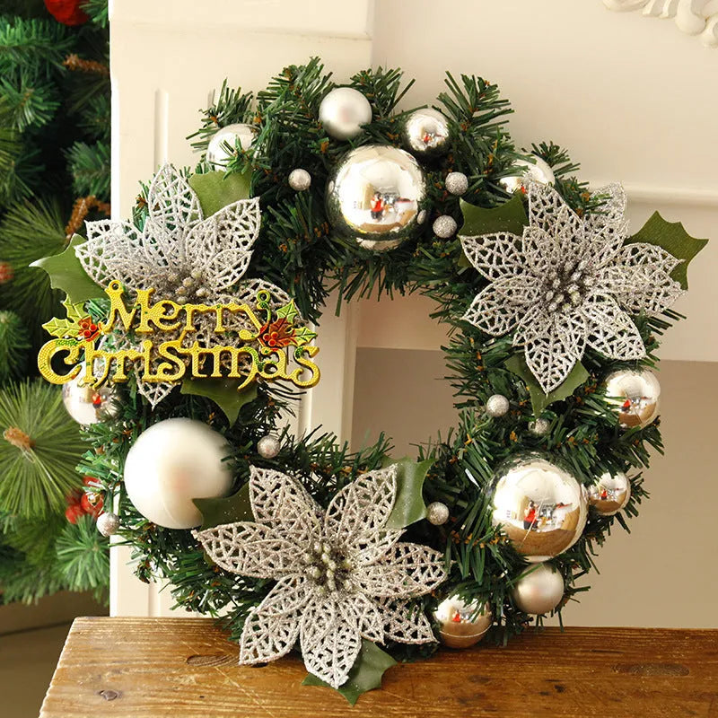 Multicolour plastic Christmas wreath with a 30cm diameter, shown in red against a door.