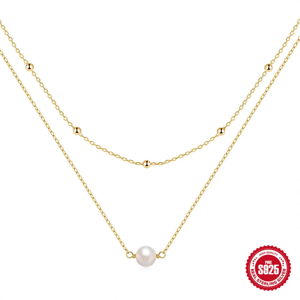 S925 sterling silver women's necklace with double layer twin pearls in gold or white gold colour options