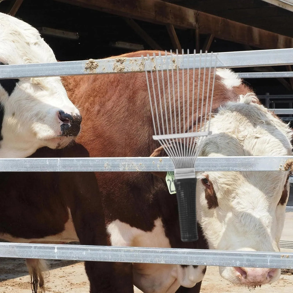 Stainless steel livestock grooming rake comb for horses and dogs on a dark background.