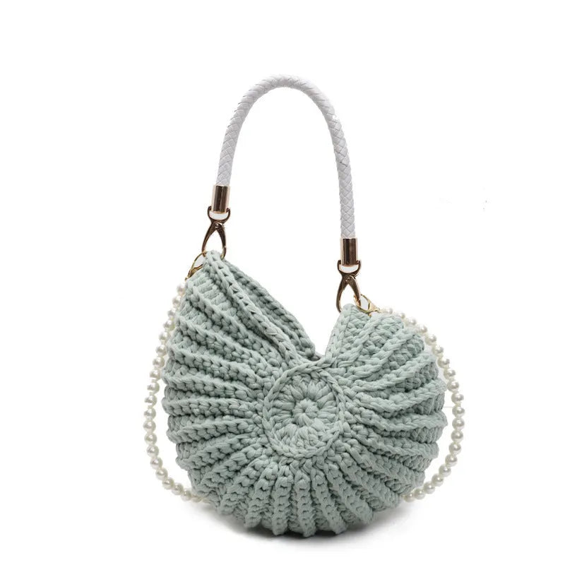 Handmade woven bag women's shell shape cloth crossbody double shoulder straps Milky White finished product