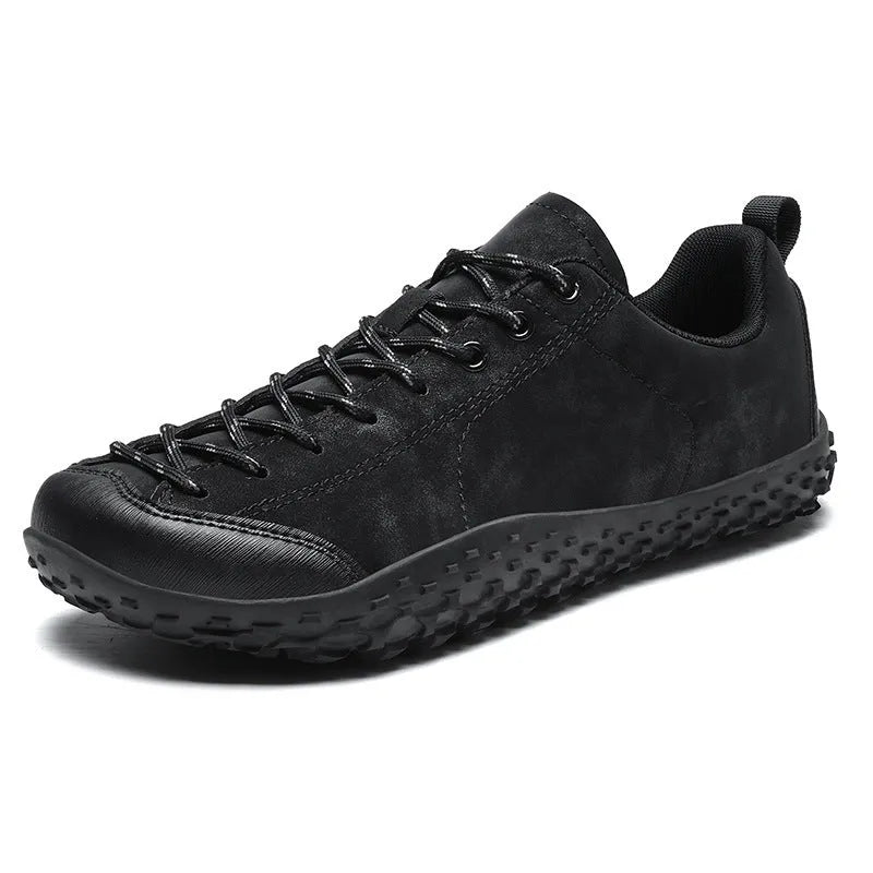 Large size wide toe training shoes with mesh upper, rubber sole, and front lace-up in black colour