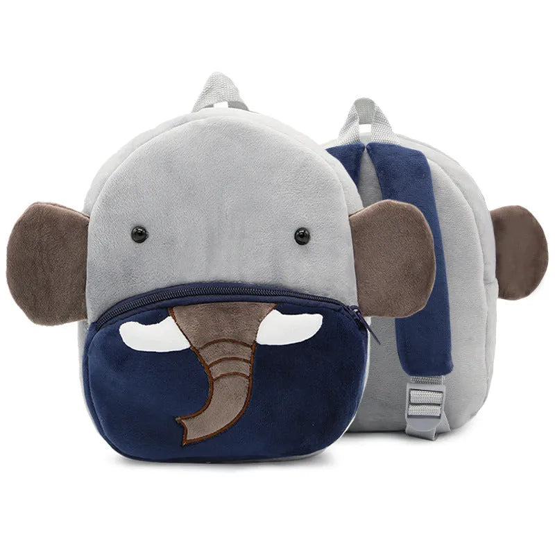 Children's plush animal backpack with zipper opening showing elephant design and dimensions 26x24x10cm
