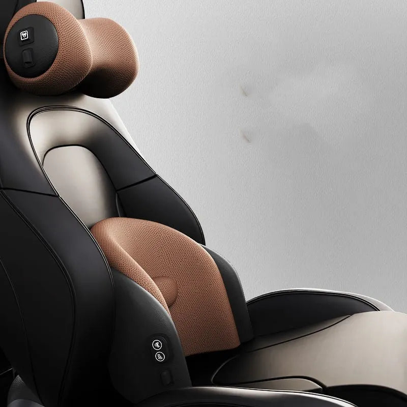Classic black memory cotton car massage cushion shown as a headrest and lumbar support on a car seat.