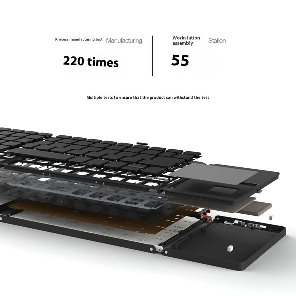 Black tri-fold Bluetooth keyboard shown folded to 30.2cm portable size next to smartphone