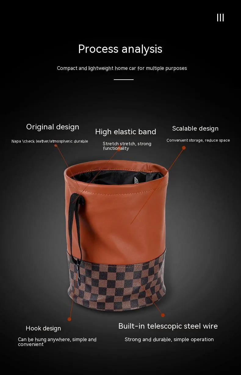 Retractable leather interior car trash can with handle shown in vehicle