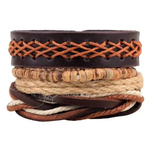 Handmade adjustable leather bracelet with wooden beads and multi-layer wrap design