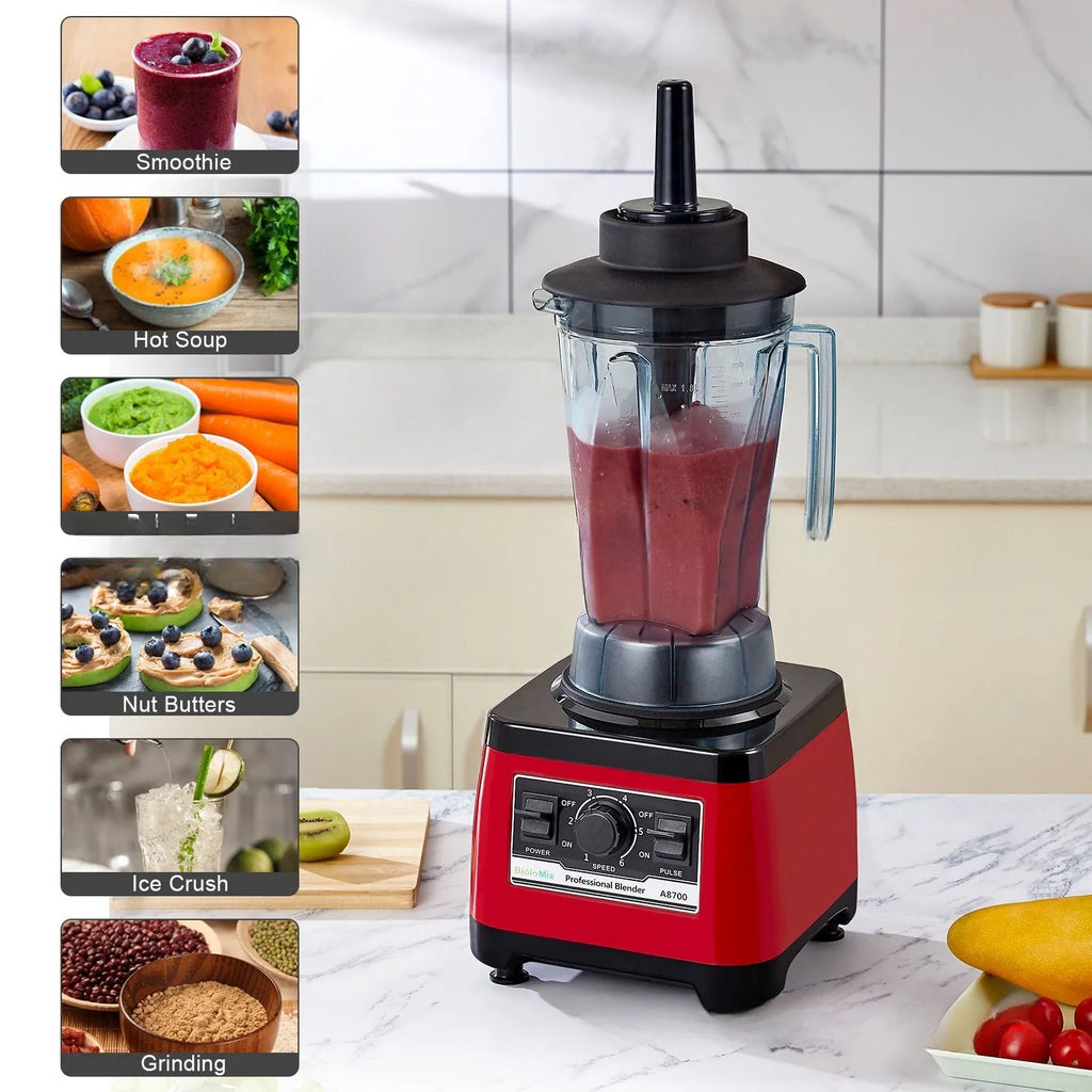 Red industrial commercial blender with stainless steel jug, model A8700, 2200W motor