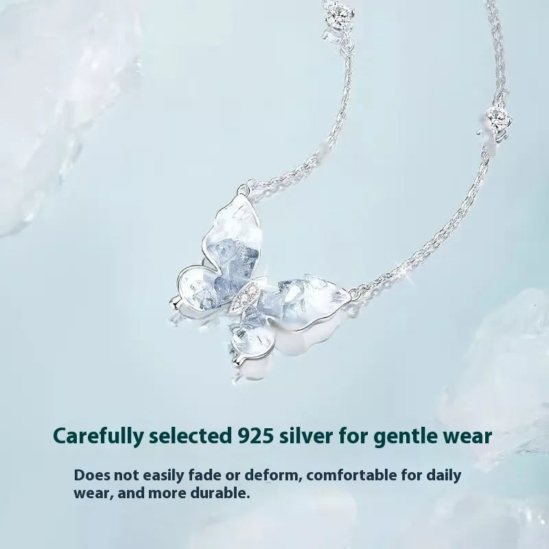 S925 silver butterfly necklace with ice rain pendant on an adjustable 41-50cm O-ring chain.