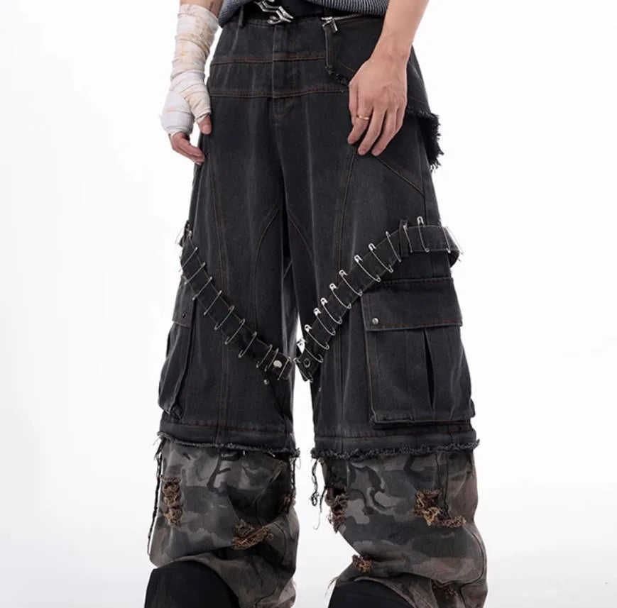 Men's grey jeans with camouflage splicing design and pin ribbon details