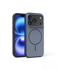 Blue magnetic iPhone case with a frosted finish and a dedicated AI camera button on the side.