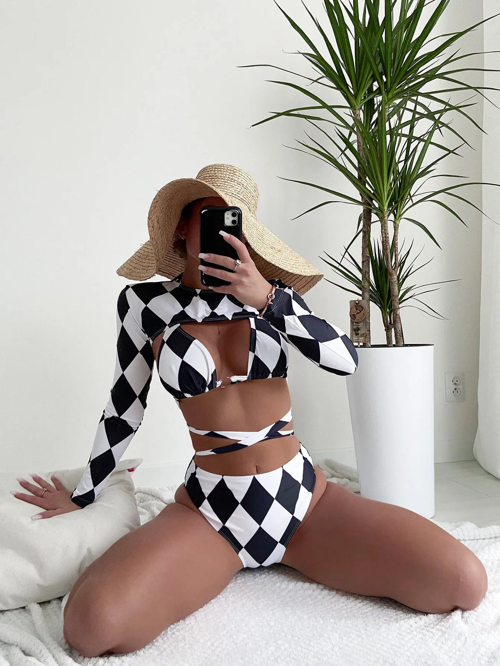 Ladies three-piece long sleeve bikini set in a plaid pattern, shown with a split swimsuit.