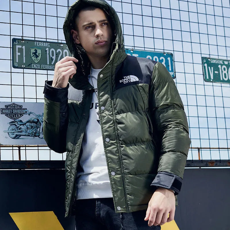Men's loose casual thick padded jacket in army green with hood and zipper