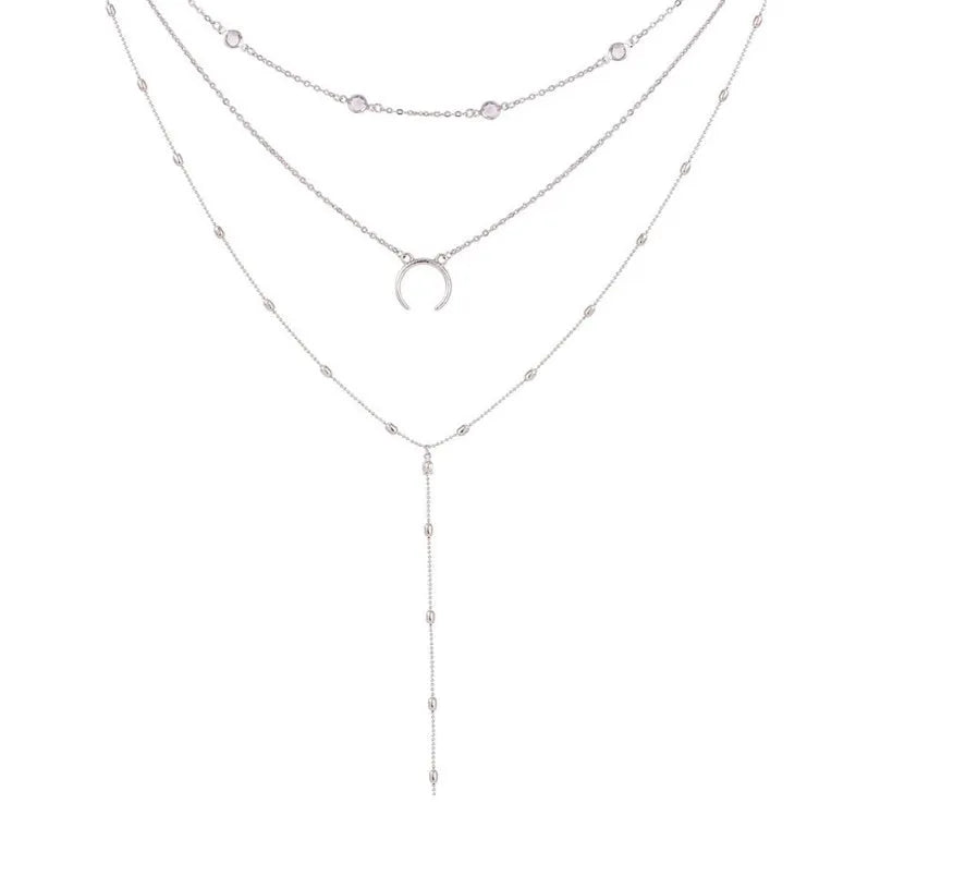 Gold silver multilayer crescent moon bead chain initial choker necklace on display with adjustable 35 cm chain and alloy finish
