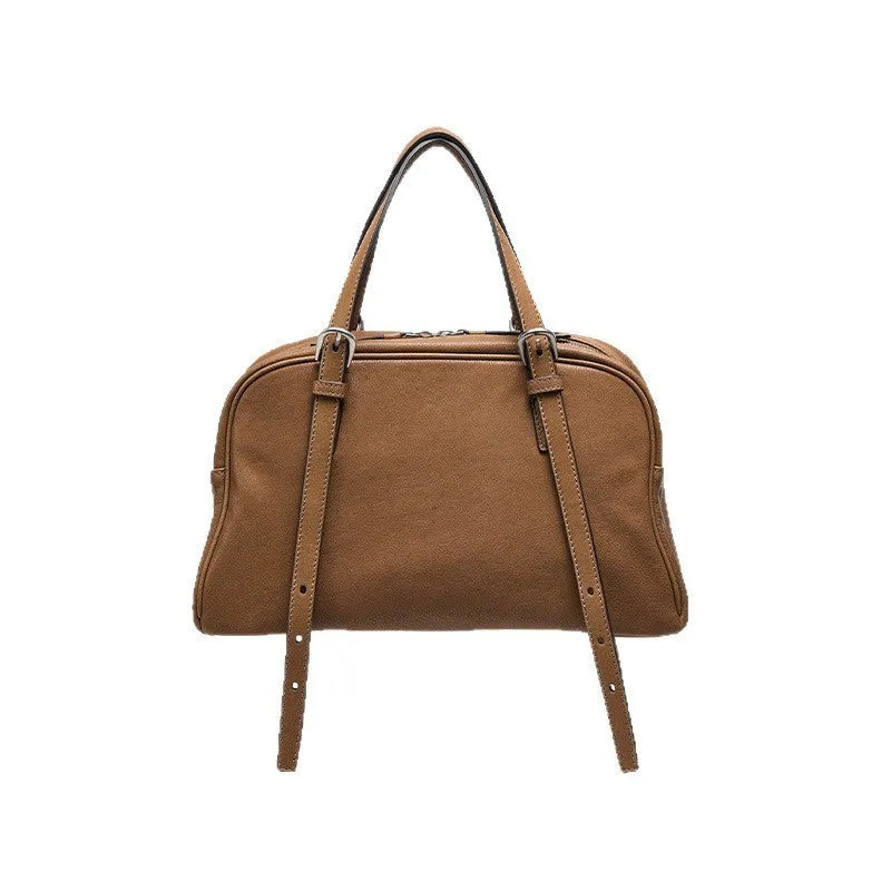 Women's retro style genuine leather shoulder bag in horizontal square silhouette with double straps