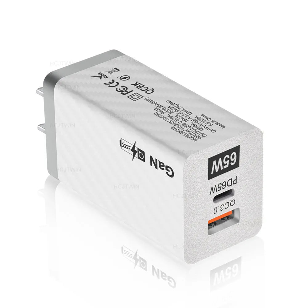 Gallium Nitride GaN 65W laptop charger in black with USB PD port and compact dimensions