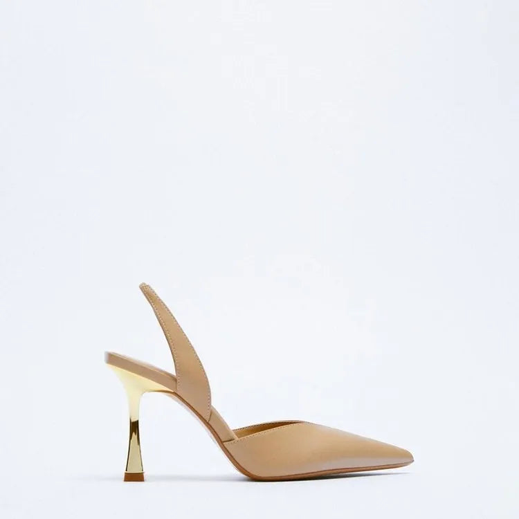 Women's patent leather pointed high heels in apricot colour with shallow mouth design, Korean style