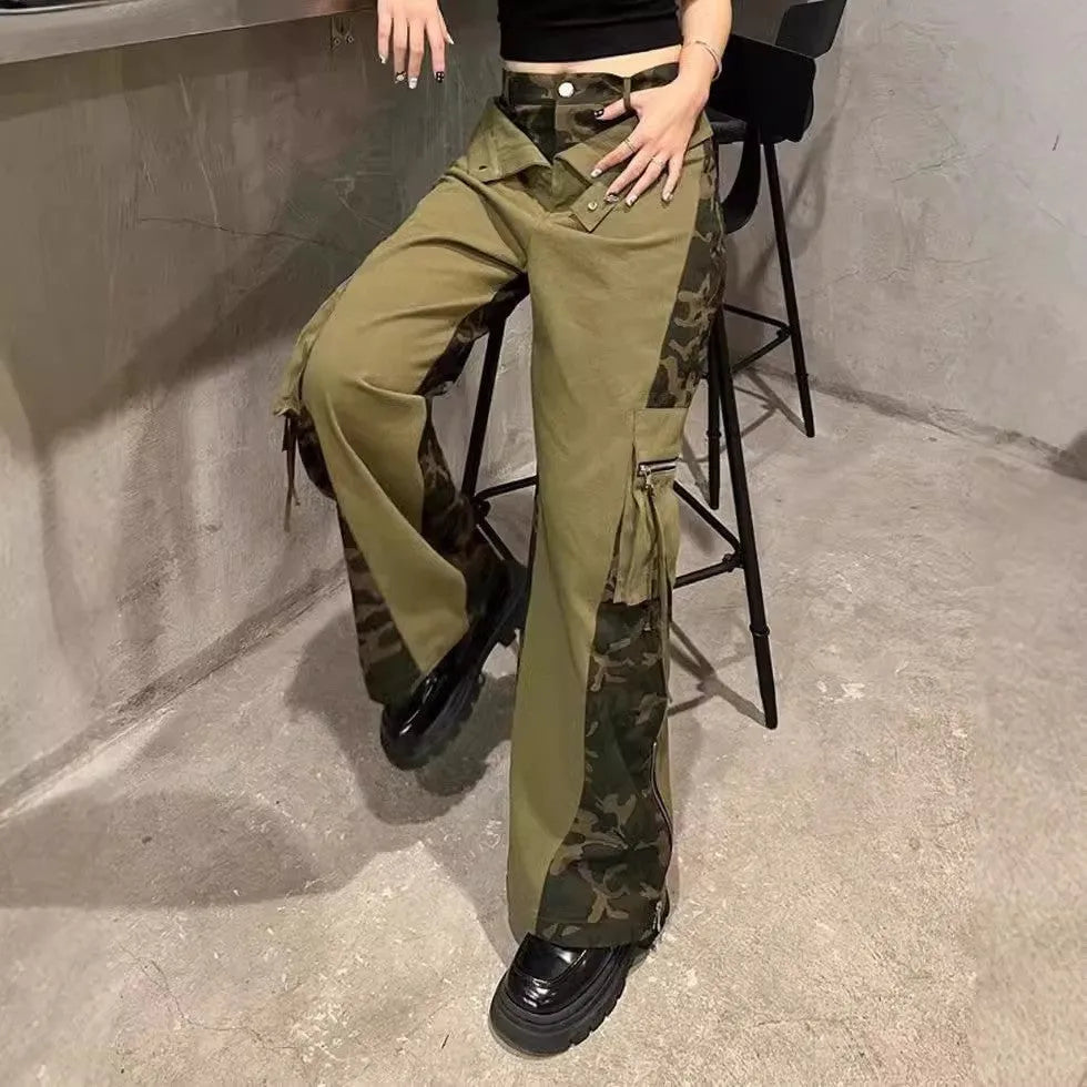 Women's high waist straight leg jeans with leopard print and fake two-stitching tooling details