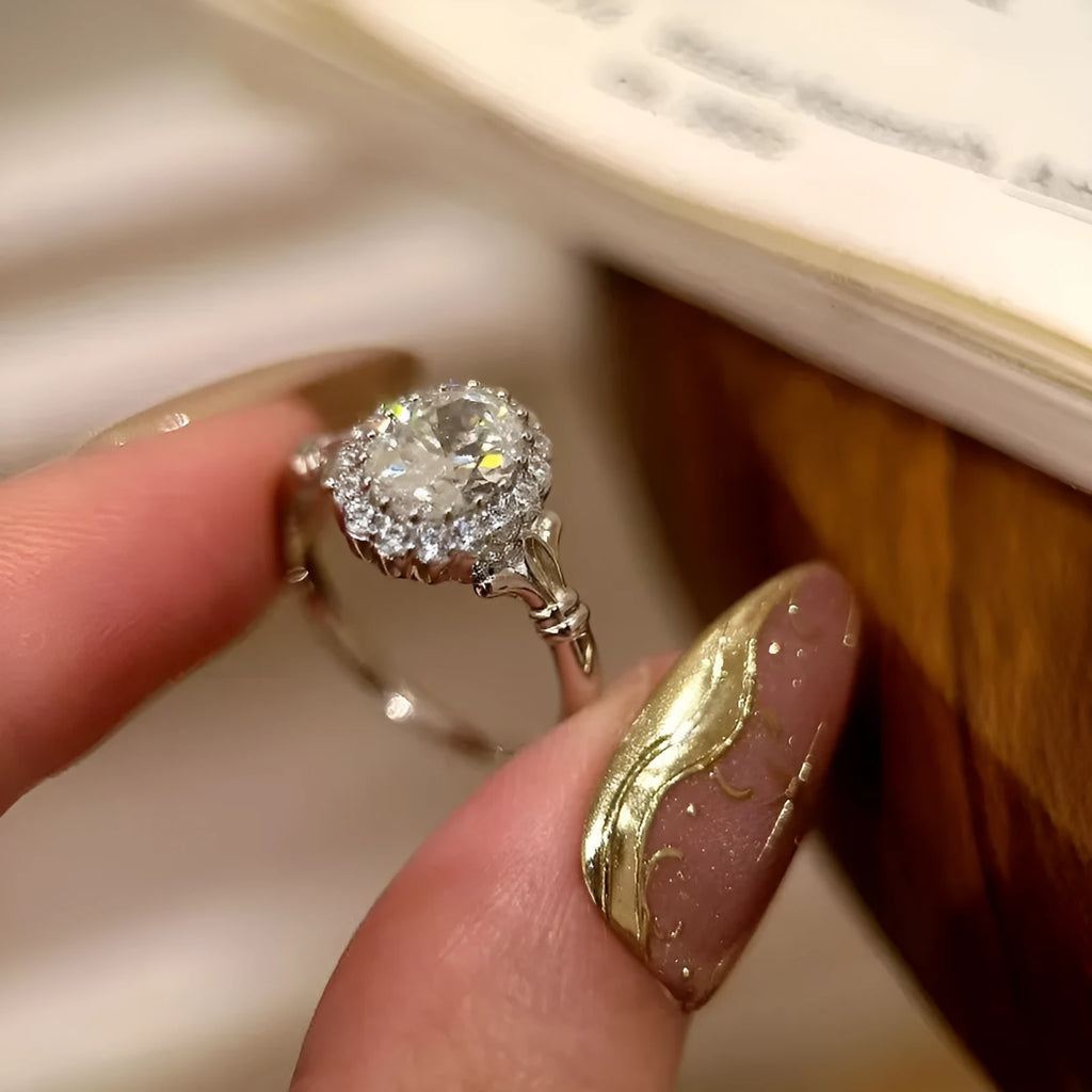 Silver geometric ellipse bridal bouquet diamond ring with adjustable opening