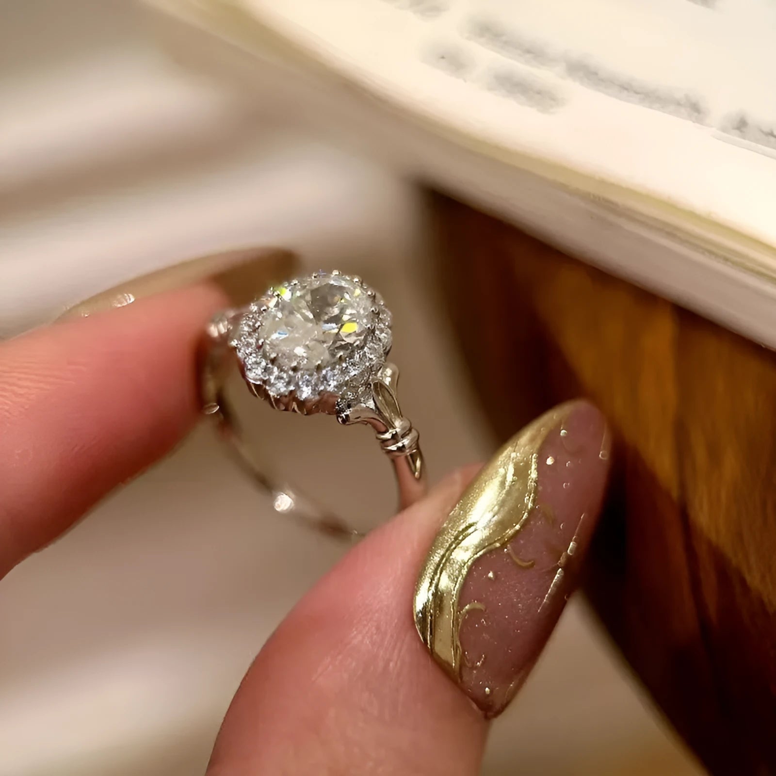 Silver geometric ellipse bridal bouquet diamond ring with adjustable opening