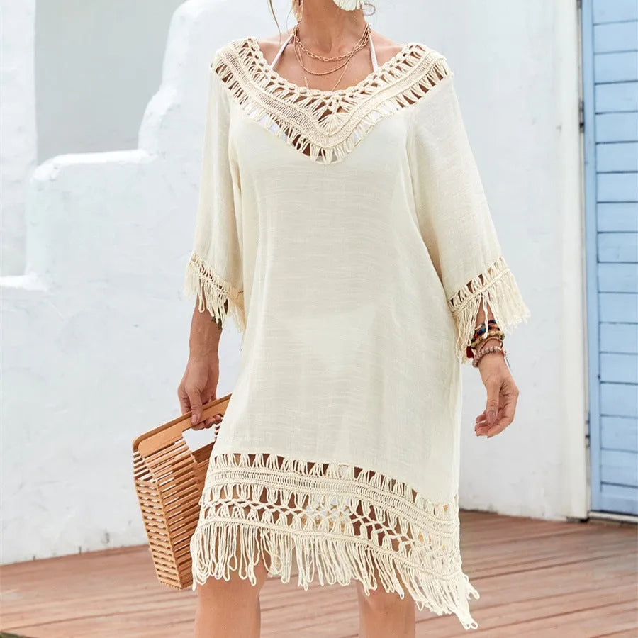Apricot crocheted knitted patchwork beach dress with half sleeves and mid-length street hipster styling