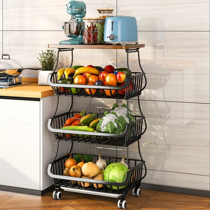 Black freestanding six-layer metal kitchen storage shelf unit on a floor.