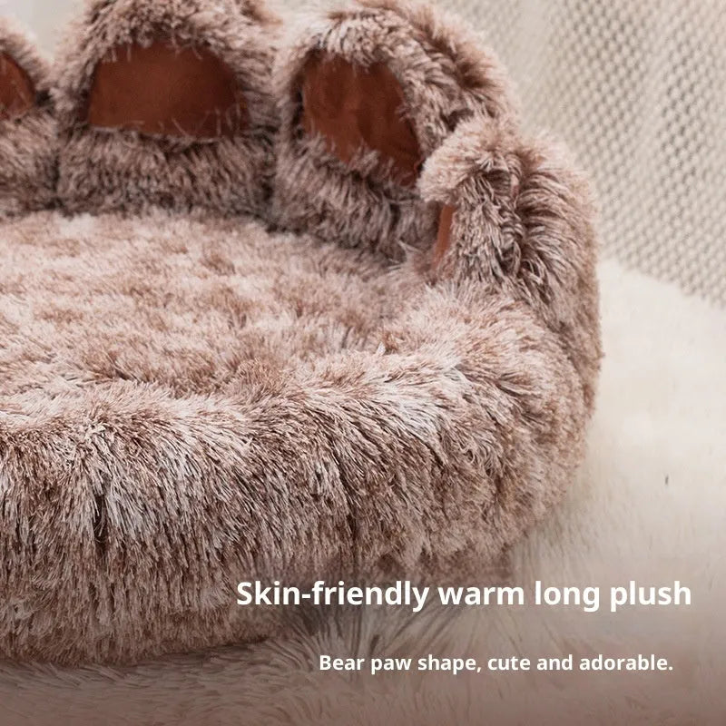 Plush two-colour thickened pet bed for dogs with hand-shaped brush nest texture, available in multiple sizes