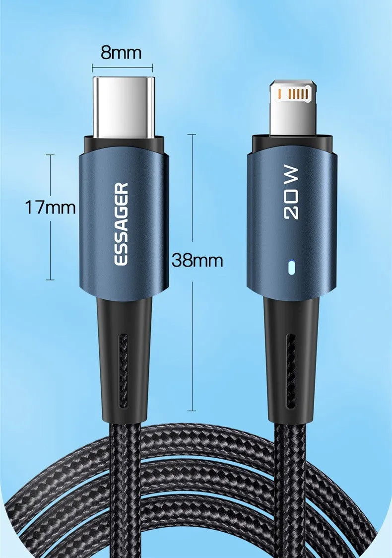 27W PD fast charging cable in black with aluminium alloy connector and LED indicator