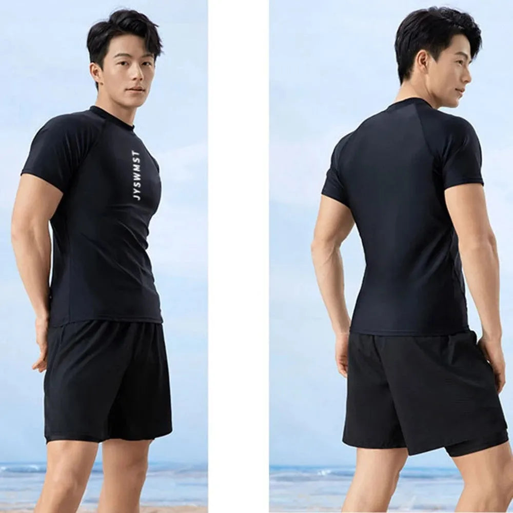 Men's plus size polyester swimming trunks and top set in colour pattern options A, B, or C Suit.