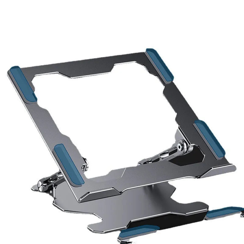 Grey adjustable aluminium laptop stand with hollow design, shown holding a silver laptop.