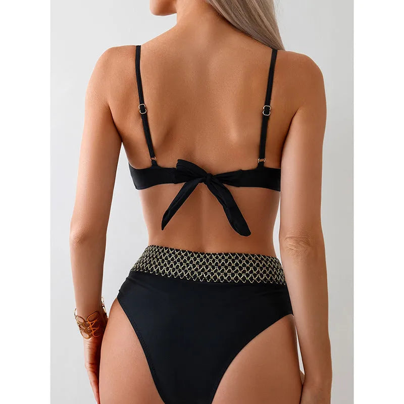 Black bikini swimsuit set with sleeveless top and briefs, made from polyester.
