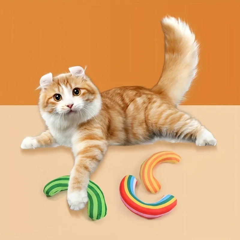 Set of four striped pattern cat pillows with built-in catnip strips measuring 23x20cm
