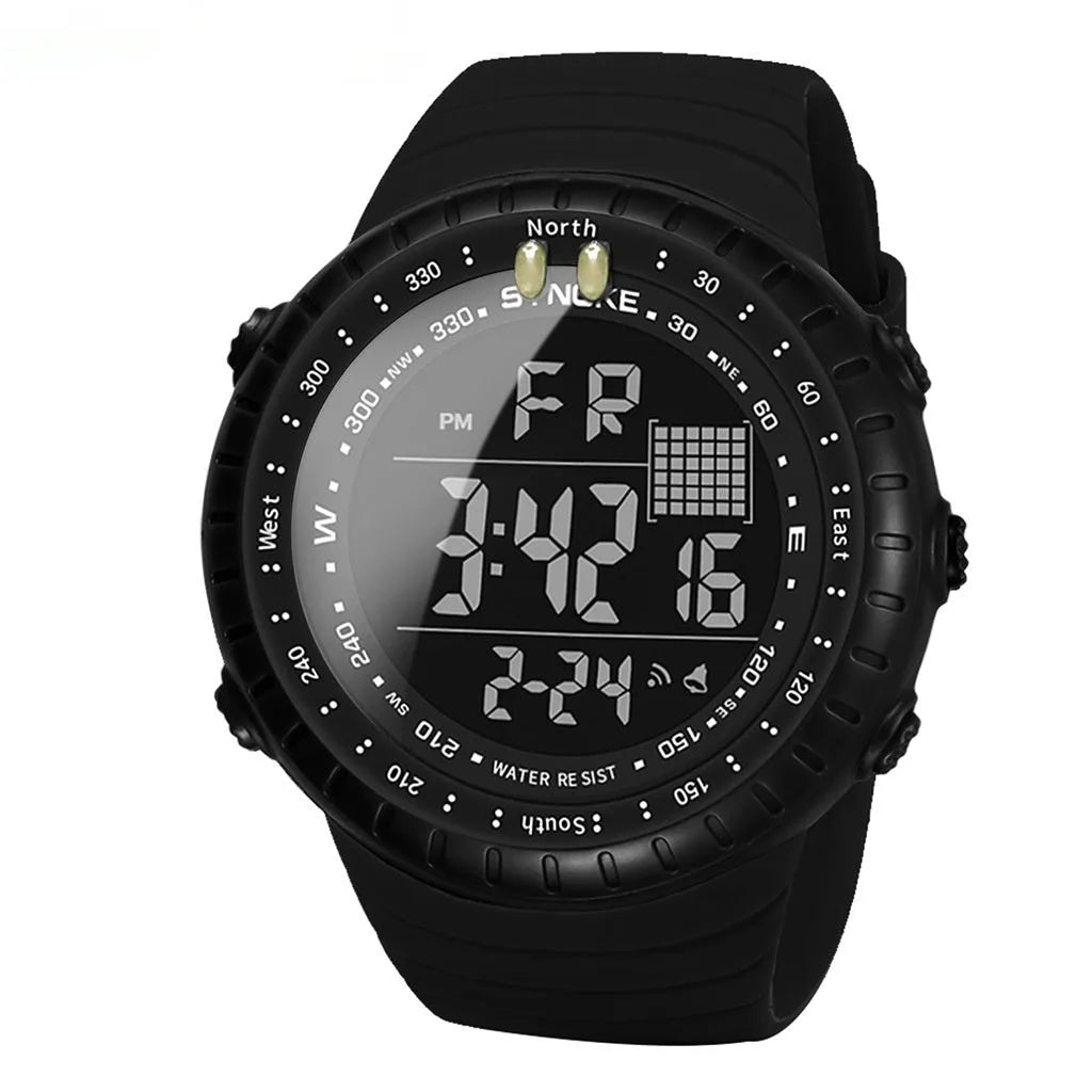 Black waterproof outdoor electronic watch with plastic case and PU strap showing 54.74mm dial