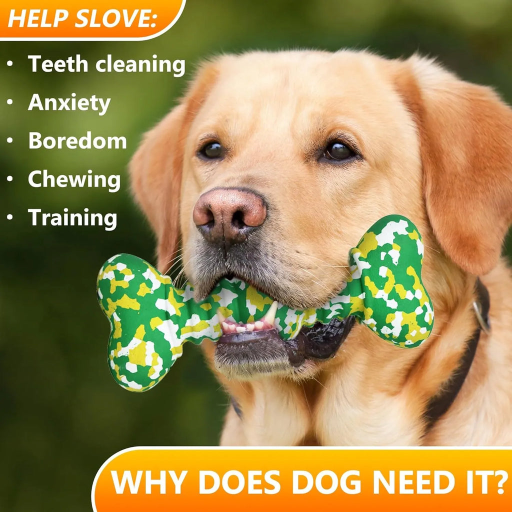 Green, white, and yellow camouflaged natural rubber bone chew toy for large dogs on a plain background.