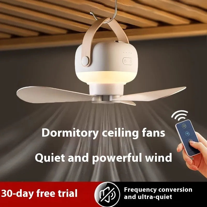 Small rechargeable camping fan with night light and remote control mounted with wire bracket