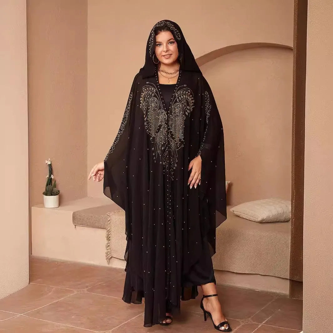 Purple Muslim style chiffon cape with rhinestone bead detailing, shown draped at 135-175cm length