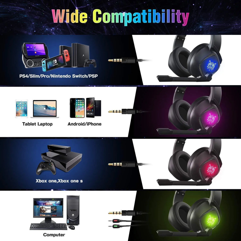ONIKUMA K19 gaming headset in black with RGB LED lighting and omnidirectional microphone on a desk