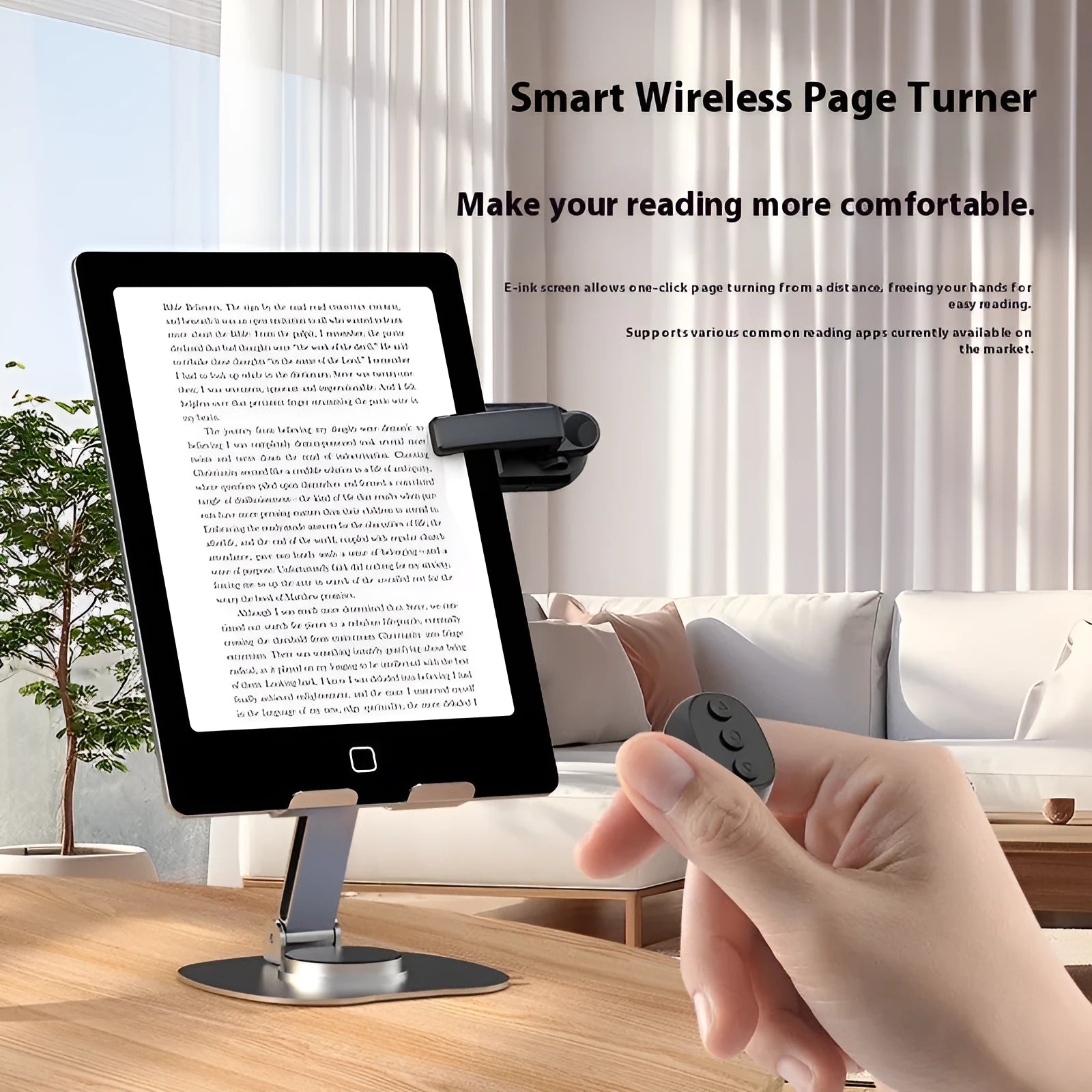 Wireless page turner remote control with clicker attachments in black, white, and pink colours