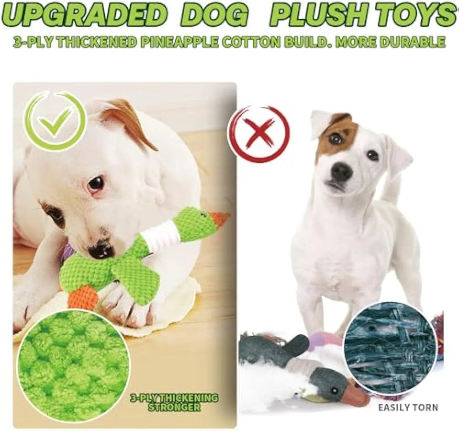 Blue green or grey durable plush duck dog toy with squeaker for chewing and play.