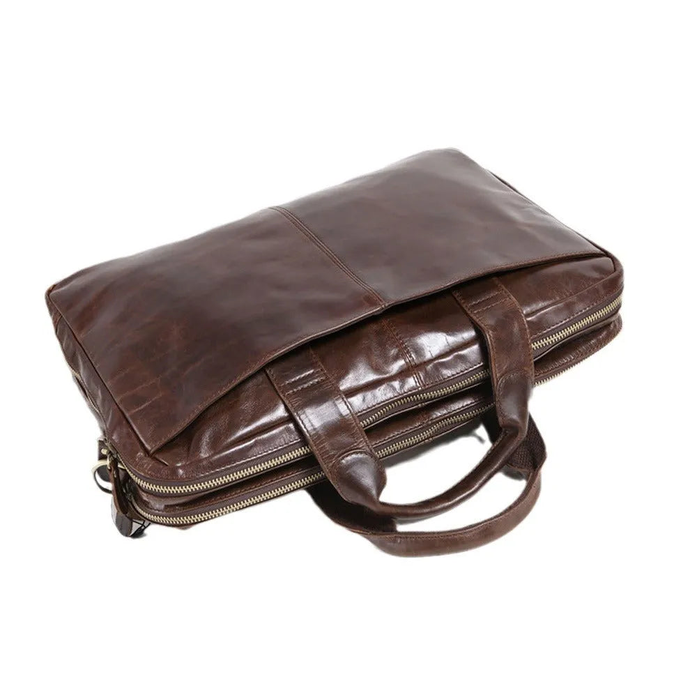 Brown men's business briefcase made from first-layer cowhide leather with 18-inch laptop compartment