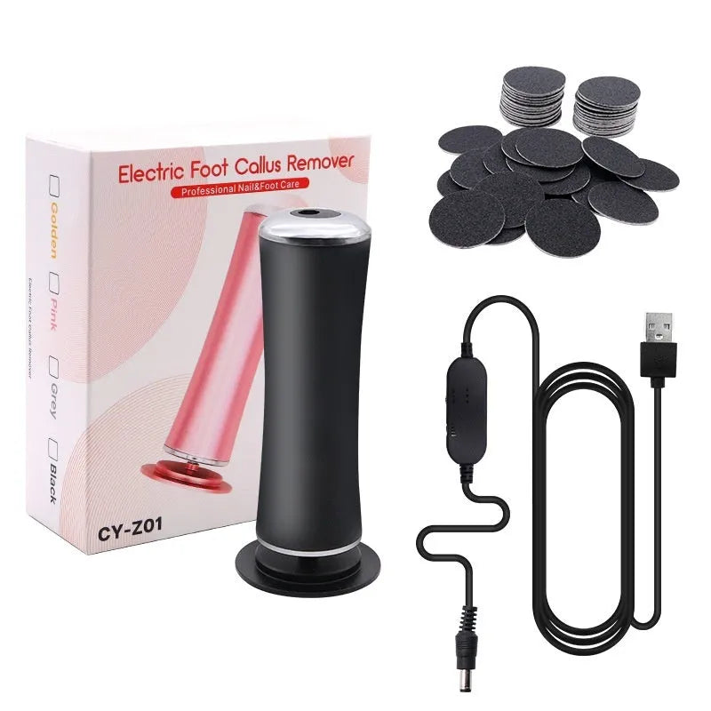 Electric foot callus remover with 60 replacement sandpaper discs, pink and black variants