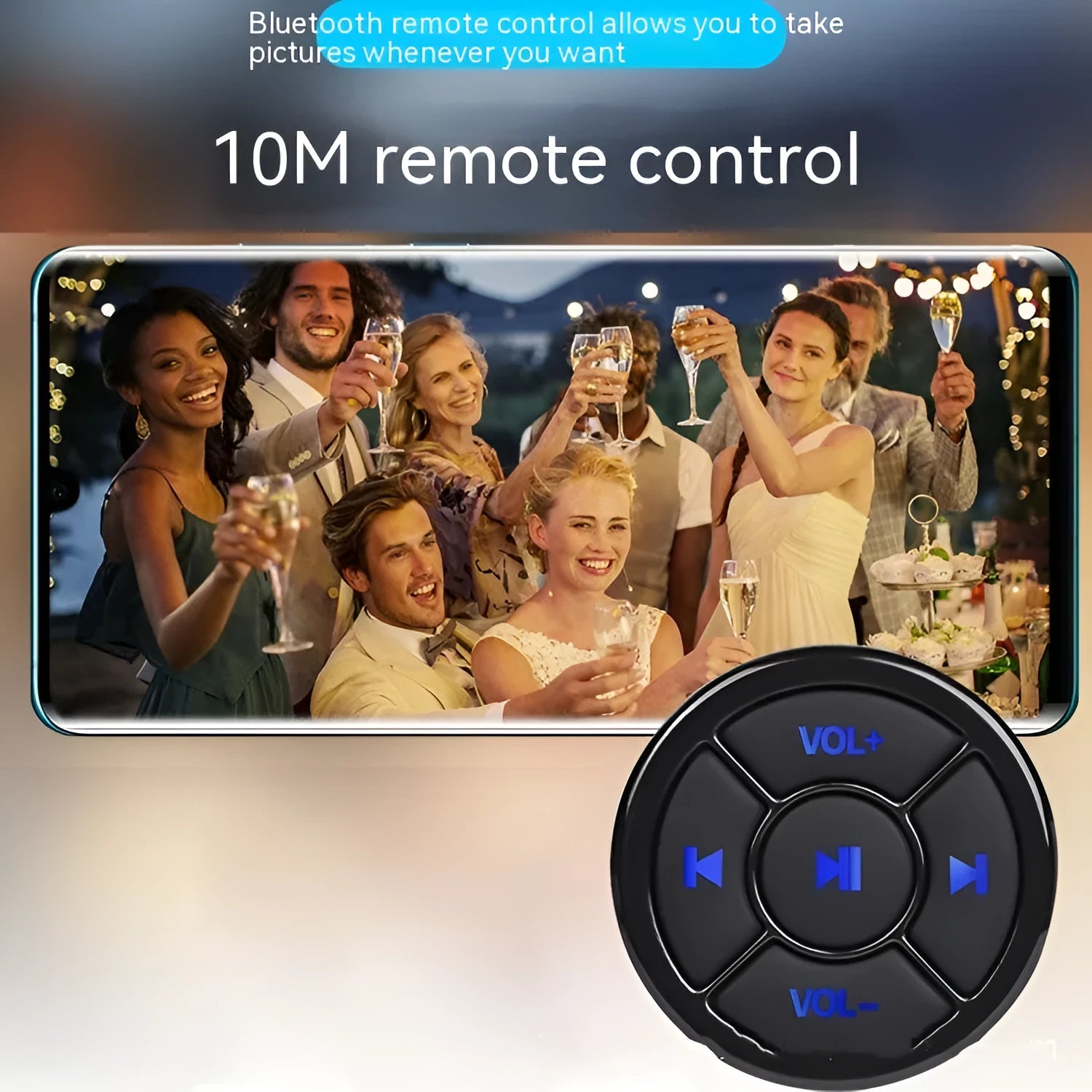 36mm black silicone Bluetooth remote control clipped to a car steering wheel for hands-free phone operation